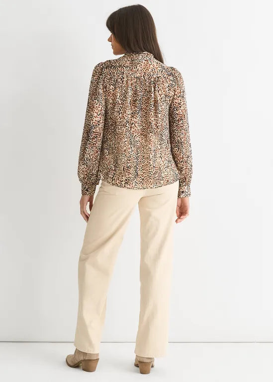 Brown Animal Print Long SLeeves Tie Neck Blouse