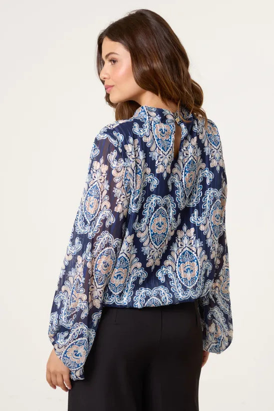 Navy High Neck Bubble Hem Printed Blouse