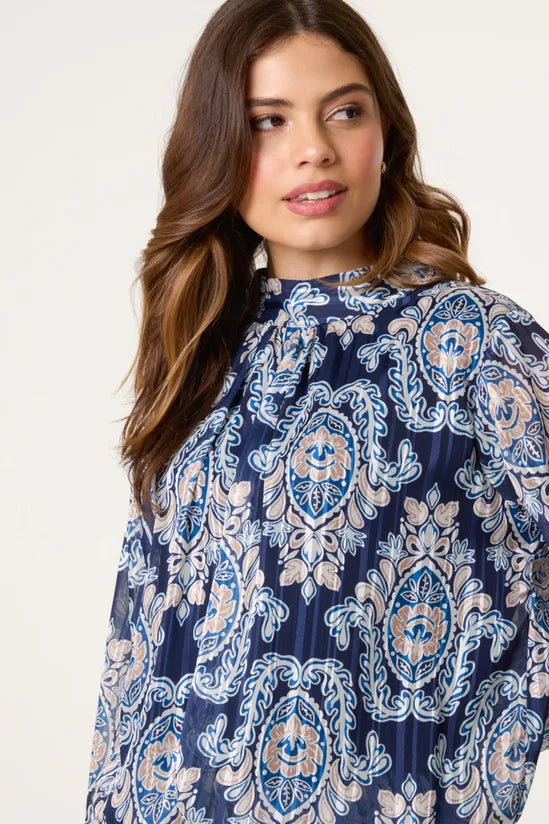 Navy High Neck Bubble Hem Printed Blouse