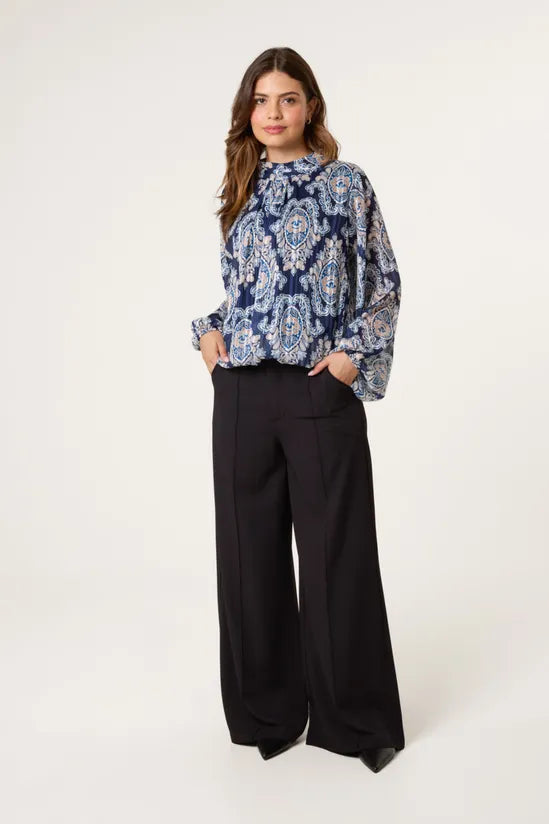 Navy High Neck Bubble Hem Printed Blouse