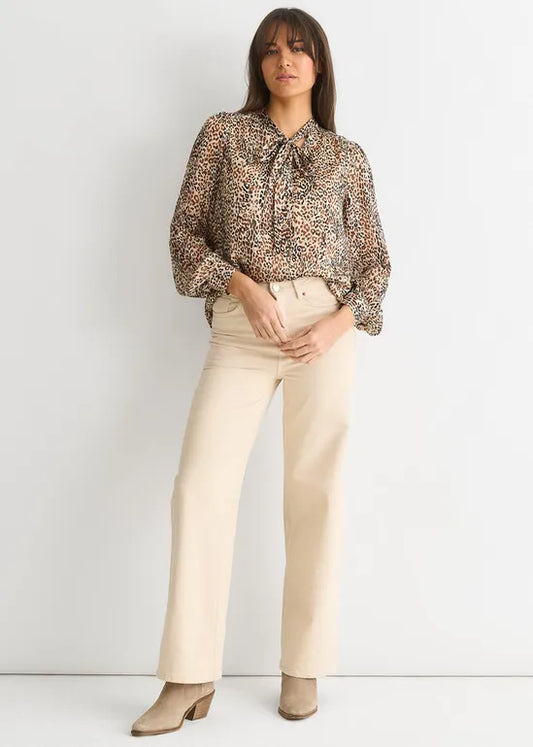 Brown Animal Print Long SLeeves Tie Neck Blouse