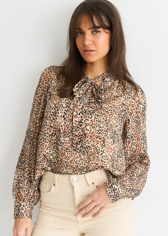 Brown Animal Print Long SLeeves Tie Neck Blouse