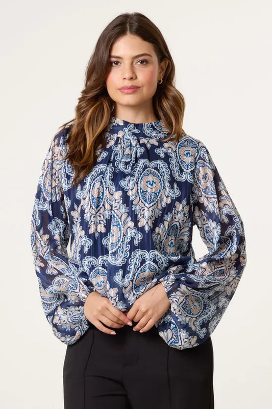 Navy High Neck Bubble Hem Printed Blouse